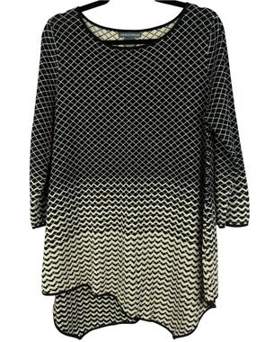 Chelsea & Theodore Knit Tunic Sweater Large Black Gold Metallic Asymmetric Hem